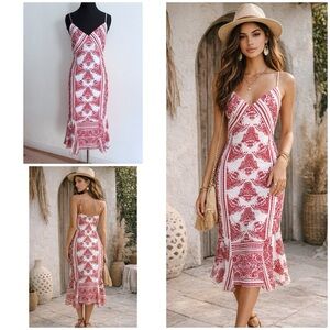 NWT Bailey 44 Farrah Red and White Paisley Floral Flutter Flounce Midi Dress 0